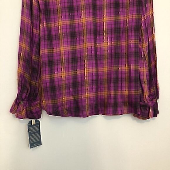 NEW NWT DEMOCRACY Long Sleeve Ruffle Neckband Plaid Button Down Shirt Purple S - Picture 13 of 13